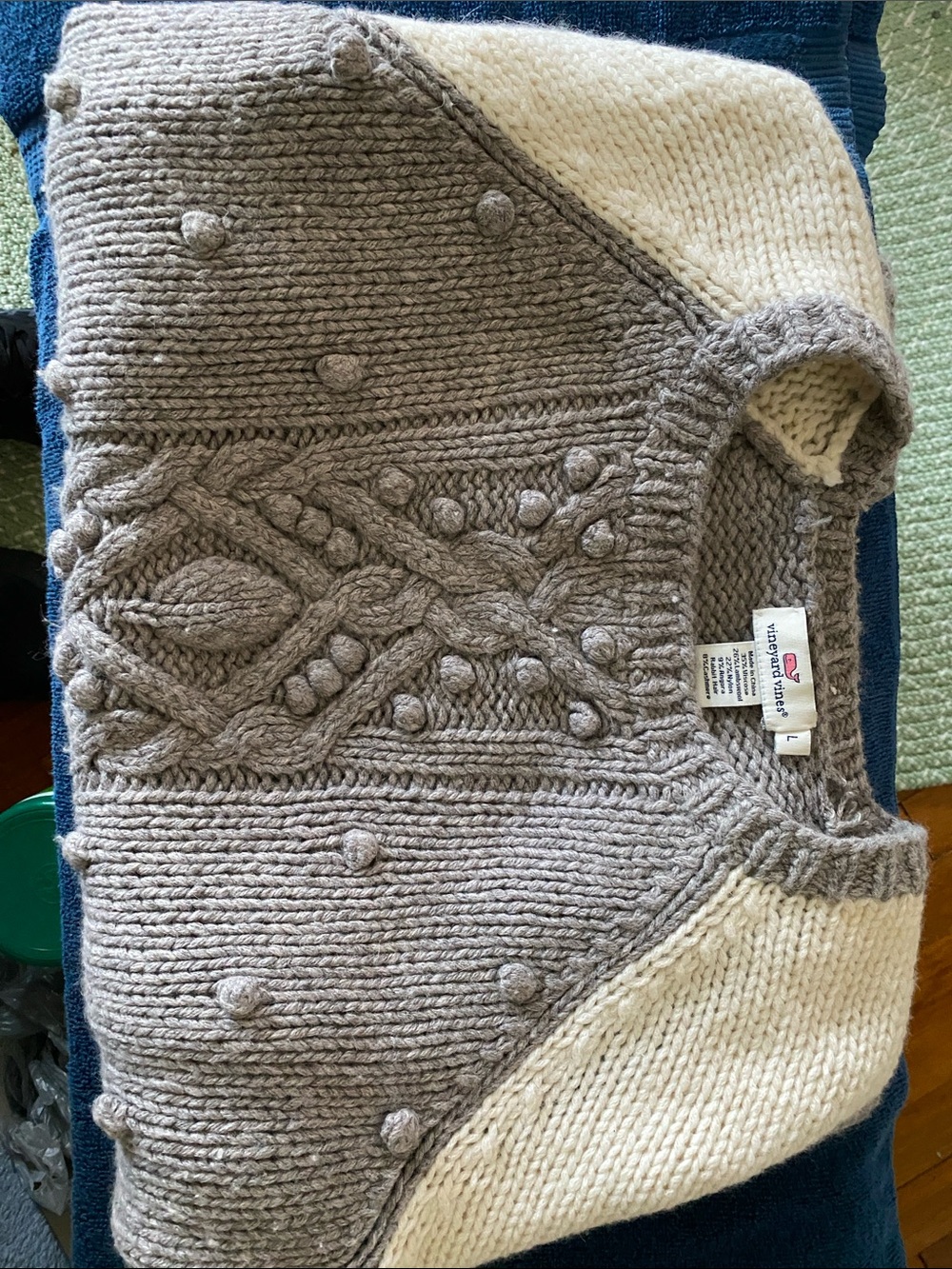 Vineyard Vines Taupe & Cream Cable Bobble Crewneck Sweater